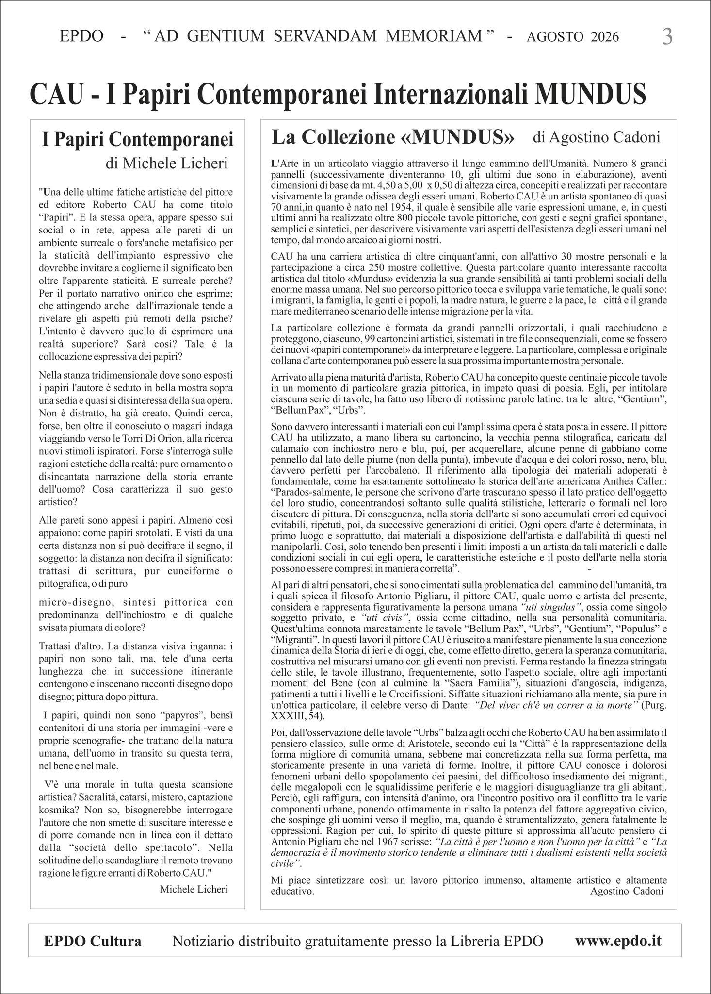 Notiziario Culturale EPDO CAU PAPIRI CONTEMPORANEI INTERNAZIONALI MUNDUS